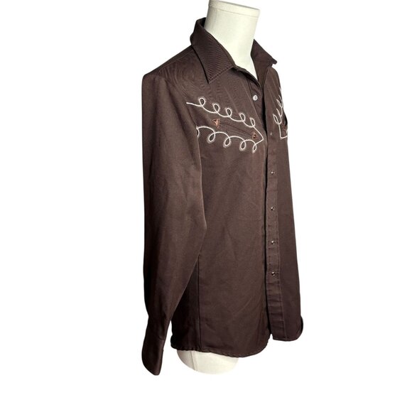 Vintage Karman Western Pearl Snap Shirt Brown Embroidered Long Sleeve Medium - Picture 5 of 6